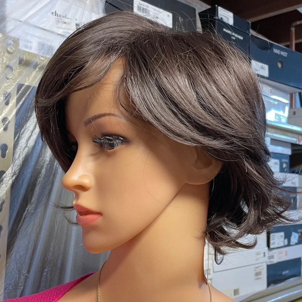 NWT dark brown wig deep side part medium brunette wavy natural real short hair